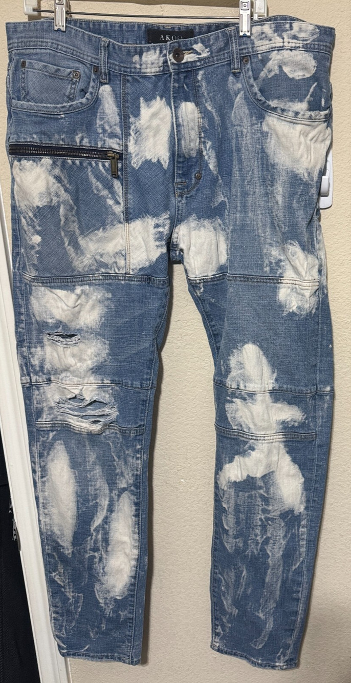 Akoo Jeans Mens 40x30 Blue Distressed Acid Wash Hip Hop Y2K Streetwear Skulk